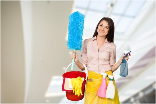 Carpet cleaning team preparing a safe work area